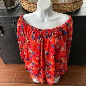 INC International Concepts Bright Orange Blue Floral Blouse Large